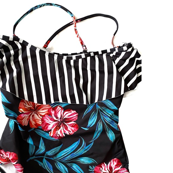 Tropical Swimwear One-Piece Swimsuit Floral Print Stripe Ruffle Top Bathing Suit - Picture 7 of 16